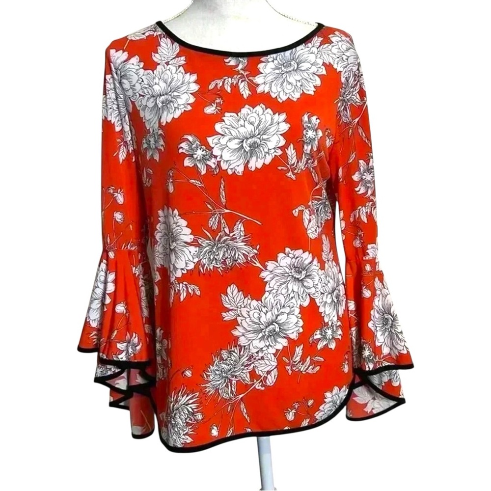 Coco Bianca Orange Floral Top 3/4 Bell Sleeves Lightweight Stretchy Women Size M